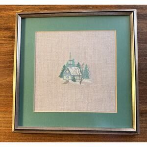Vintage Complete Cross Stitch Framed And Matted Church Christmas Tree 12x12"